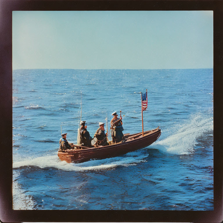 Vintage Photo: Five Military Personnel in Boat with American Flag on Blue Ocean