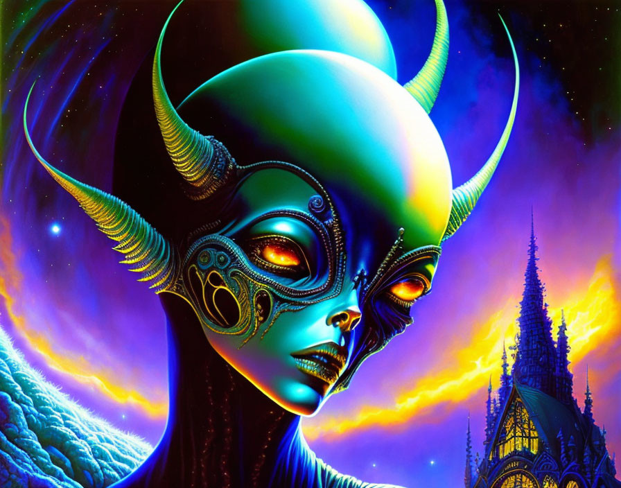 Green-skinned being with black eyes in cosmic setting with purple hues