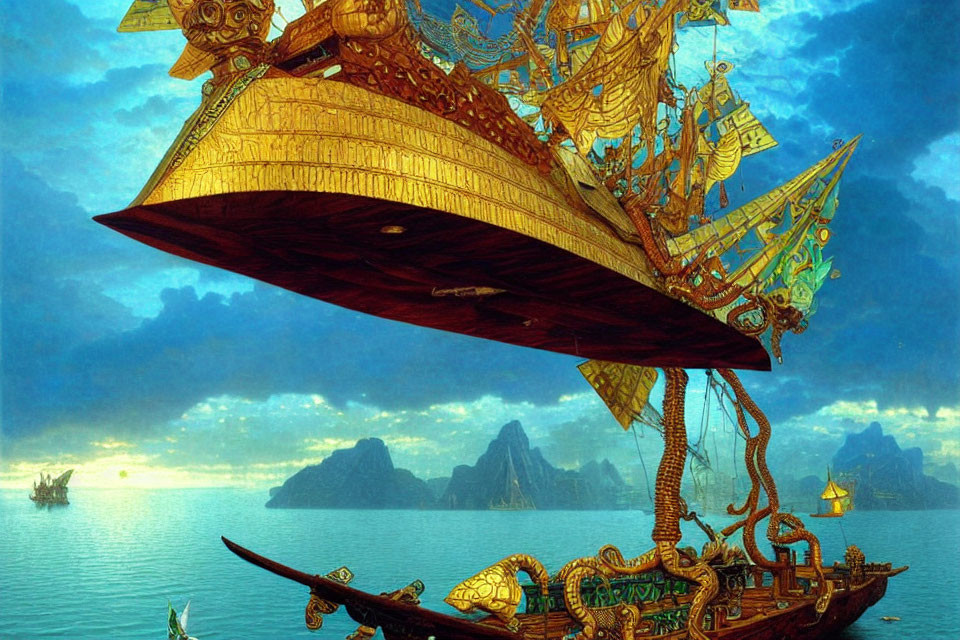 Golden ornate airship above calm sea with boats and islands under twilight sky