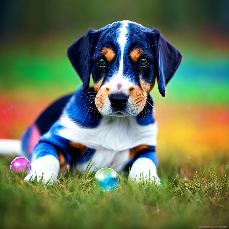 Tricolor Puppy Sitting on Grass with Colorful Marbles