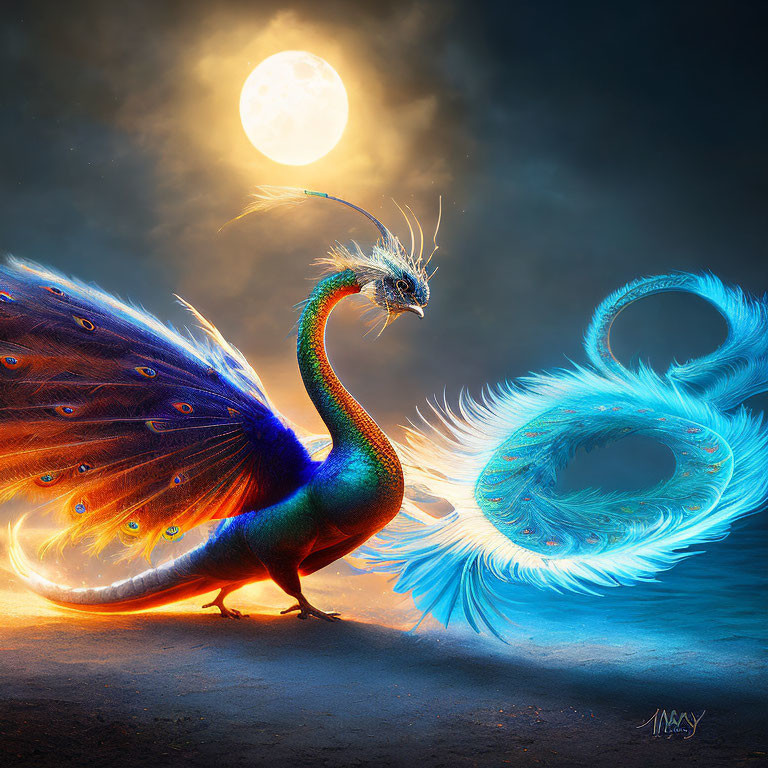 Colorful peacock with blue and orange feathers under full moon