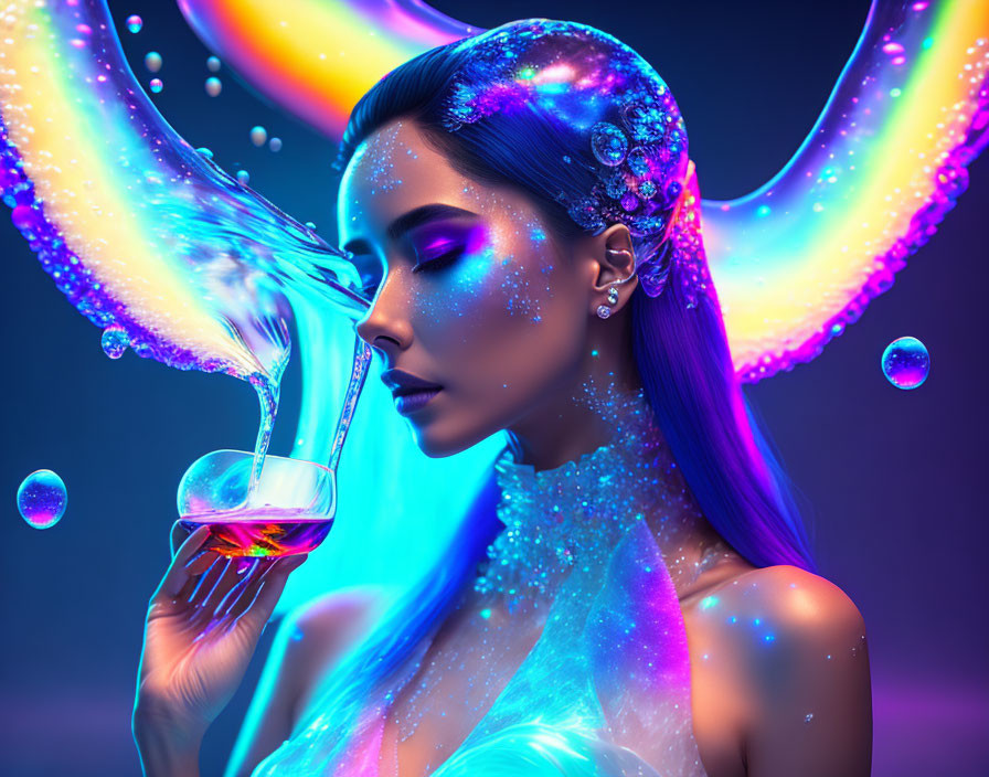 Surreal image of woman with glowing liquid and iridescent light effects