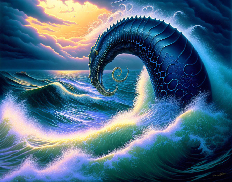 Giant sea serpent in dramatic ocean sunset landscape