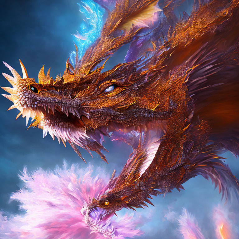 Digital artwork featuring two dragons with orange and pink scales against a blue sky