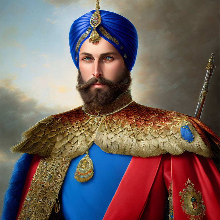 Portrait of a man with styled beard, blue turban, jewel, scaled shoulder piece, and red
