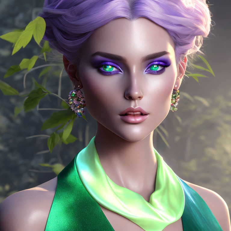 Woman with Purple Hair and Green Eyes in Digital Artwork