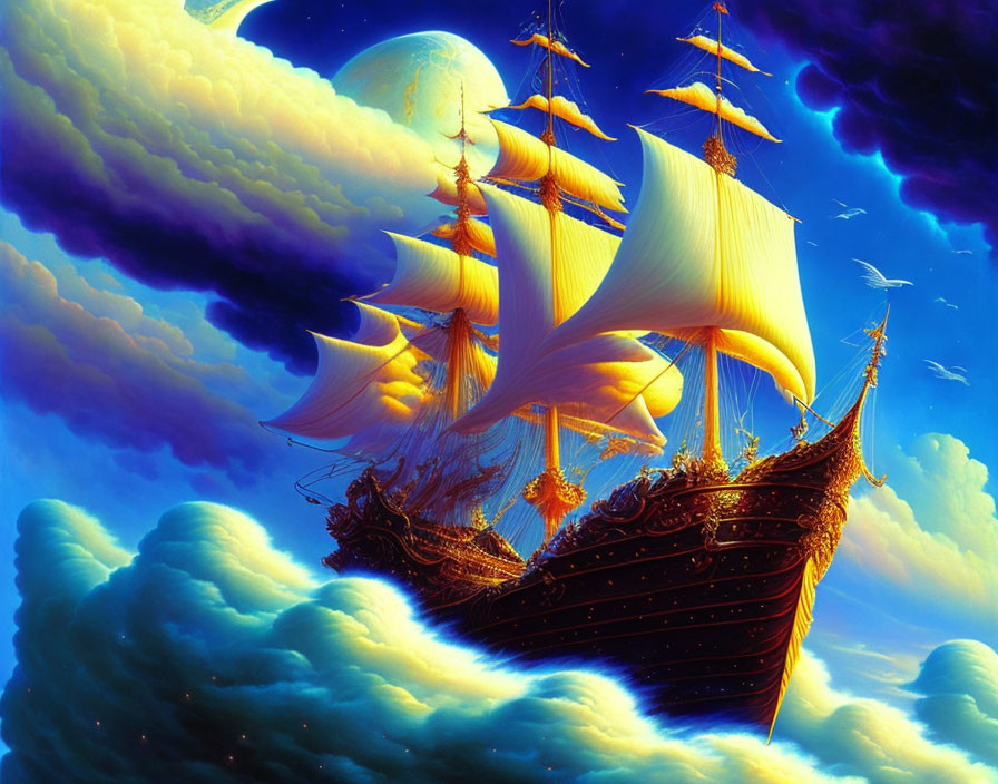 Fantastical ship sailing through clouds under vibrant blue sky
