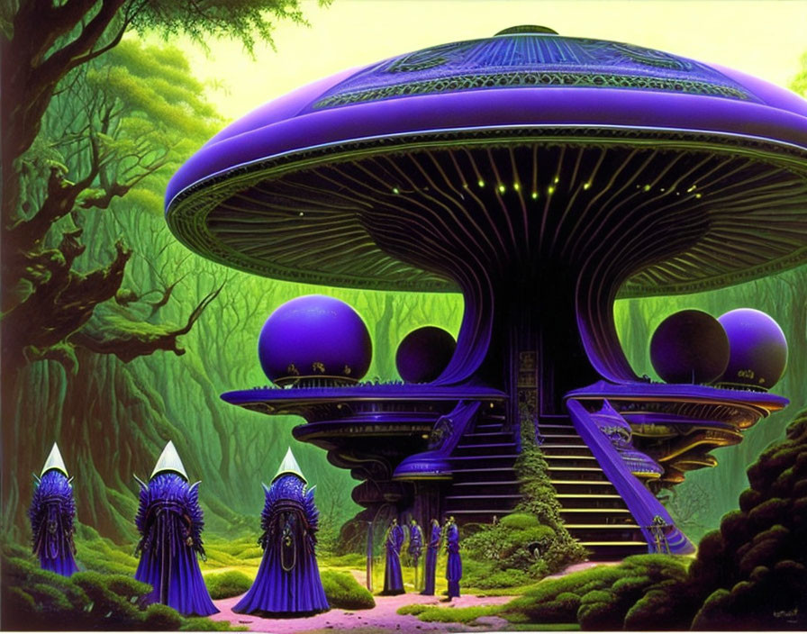 Fantastical alien forest scene with mushroom structure and humanoid figures