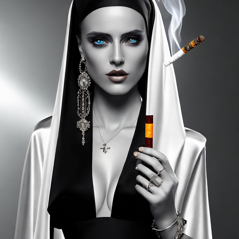 Woman with blue eyes and dark lipstick in nun's habit with jewelry holding a cigarette