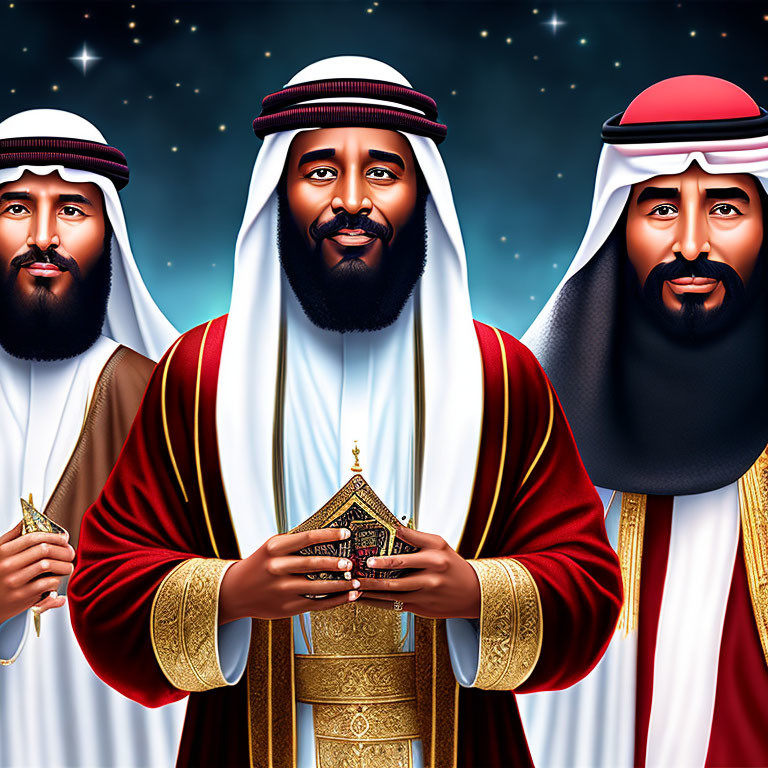 Three animated men in traditional Arabian garments against a starry night sky