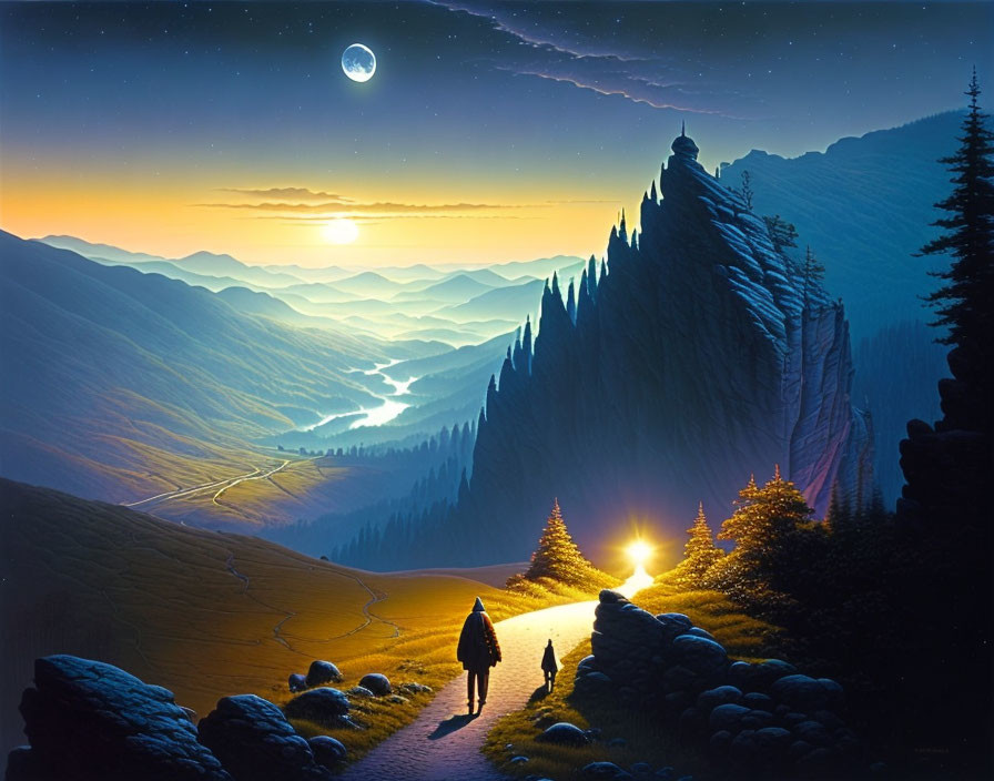 Moonlit Night Scene: Figures Walking to Glowing Lamp in Mountain Landscape