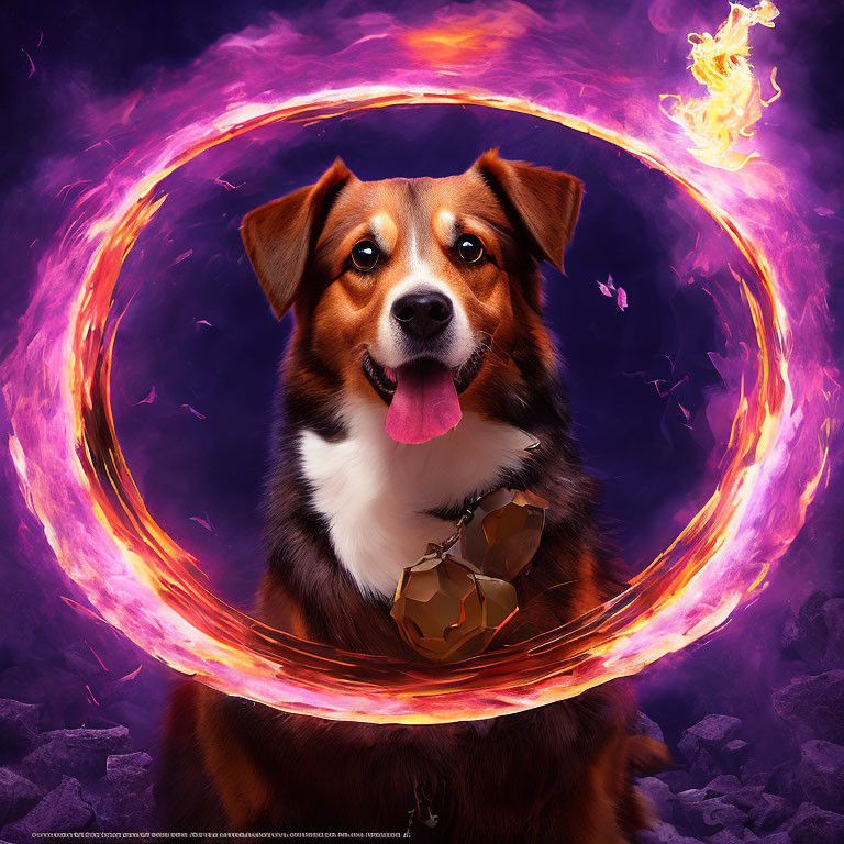 Golden-Brown Dog with Fiery Ring on Purple Background