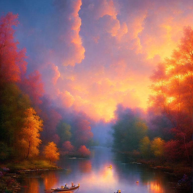 Colorful Sunset Reflects on River with Silhouetted Boats and Autumn Foliage