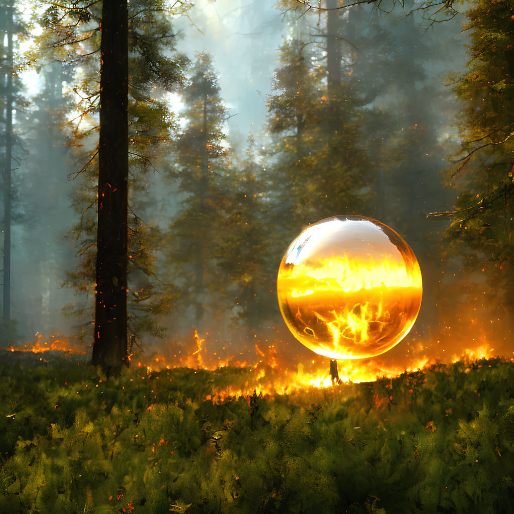 Glowing Orange Sphere Above Forest Floor Amidst Rising Smoke