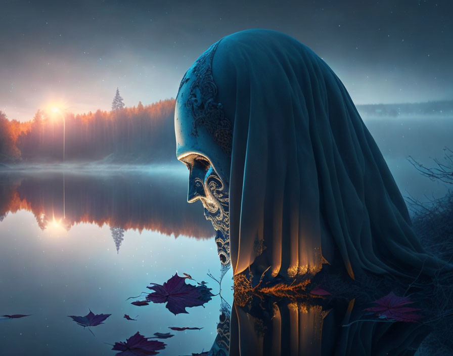 Surreal image of cloaked figure with skull mask by misty lake