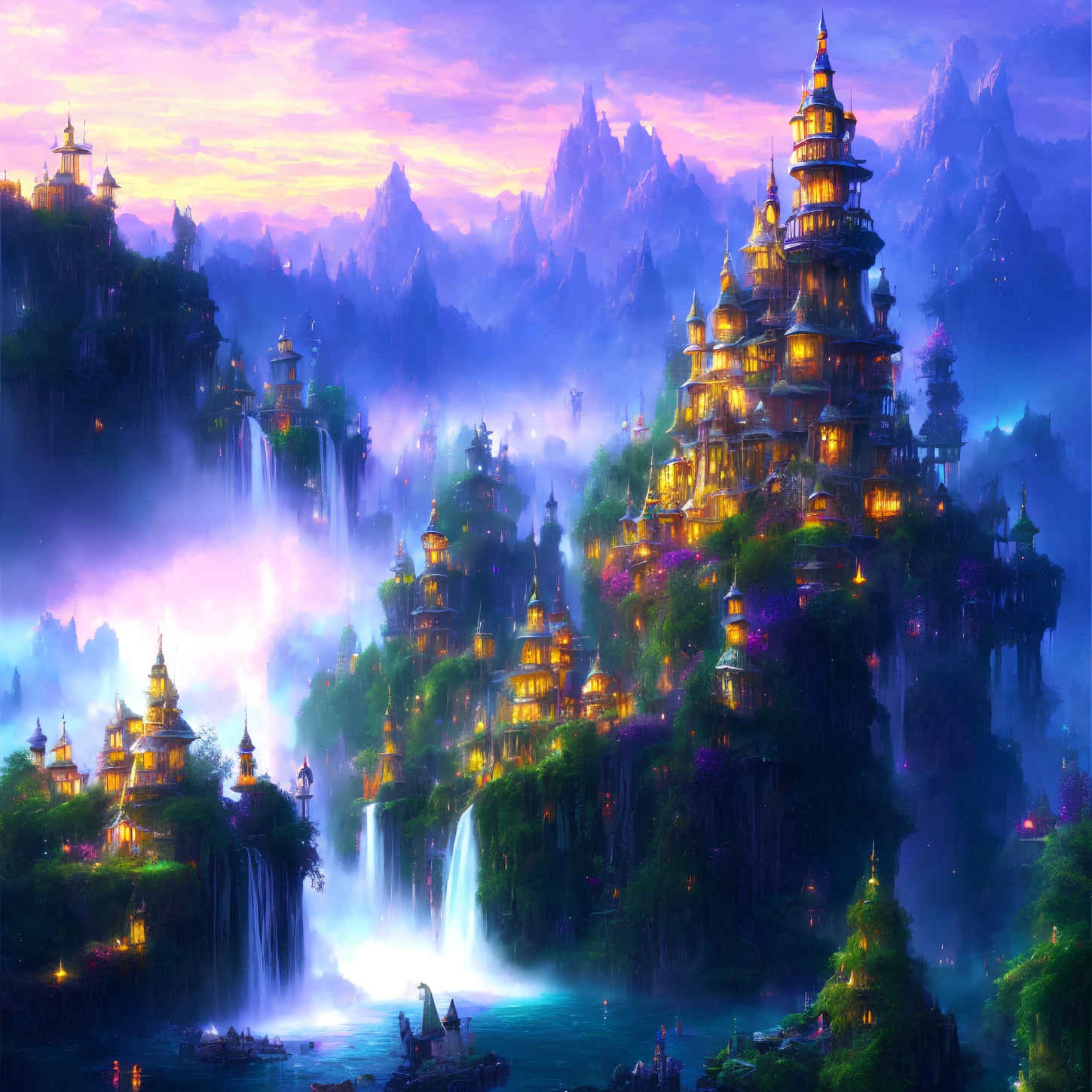 Mystical landscape with pagoda-style buildings, waterfalls, and mountains at twilight