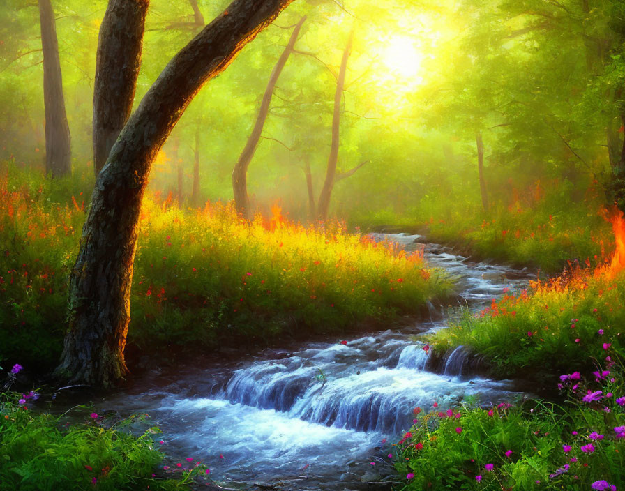 Tranquil forest landscape with stream, wildflowers, and sunrise glow