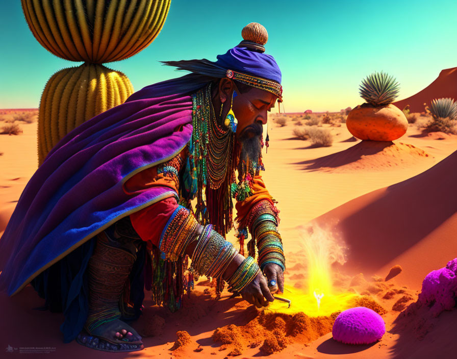 Mystical figure in tribal attire with magical elements in desert setting