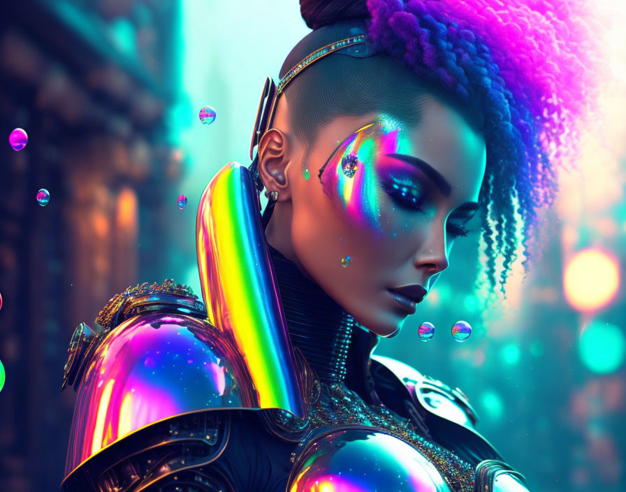 Colorful Futuristic Woman in Iridescent Armor with Rainbow Hair and Neon Background