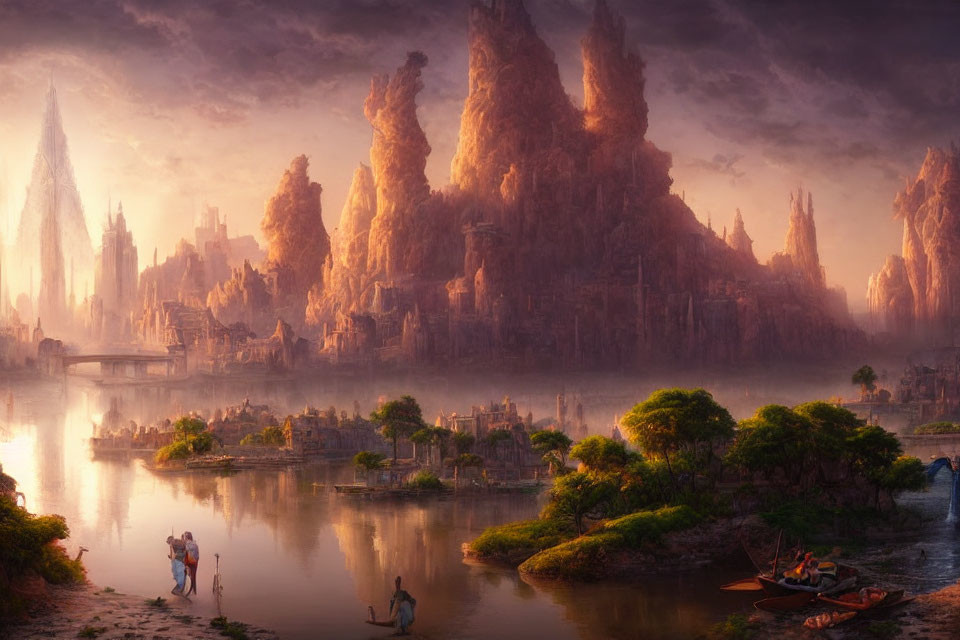 Majestic fantasy landscape with spires, river, bridges, boats, and people in golden light