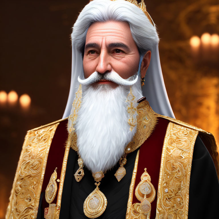 Elder man in regal gold-embroidered robes with a white beard and mustache