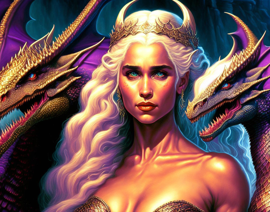 White-Haired Woman with Crown and Dragons in Art
