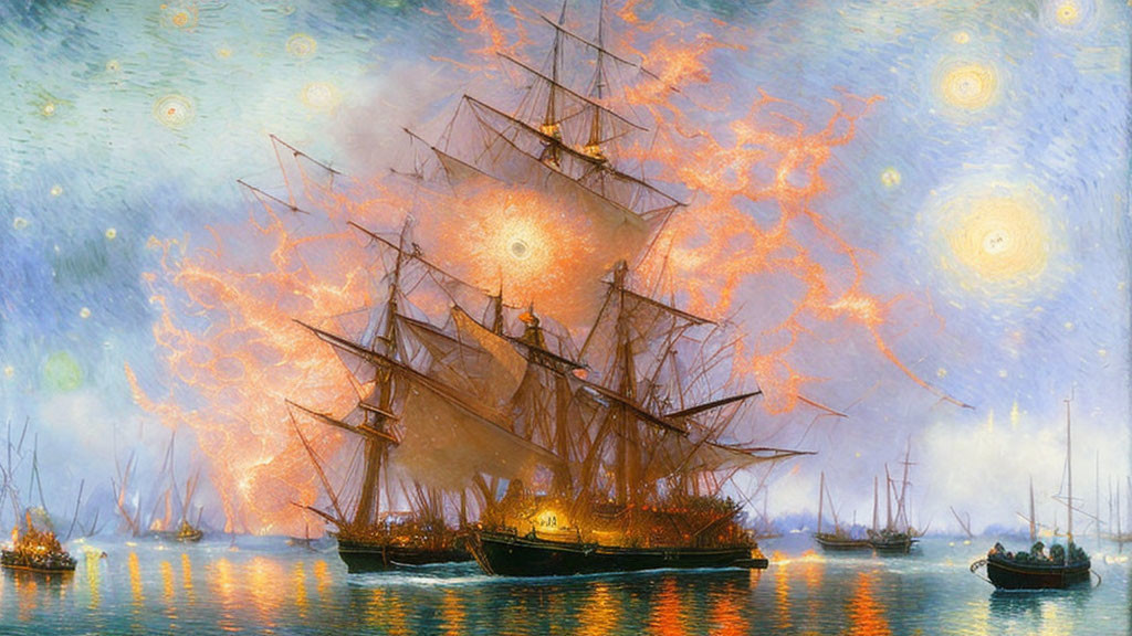 Tall ships under surreal starry sky in orange and blue mist