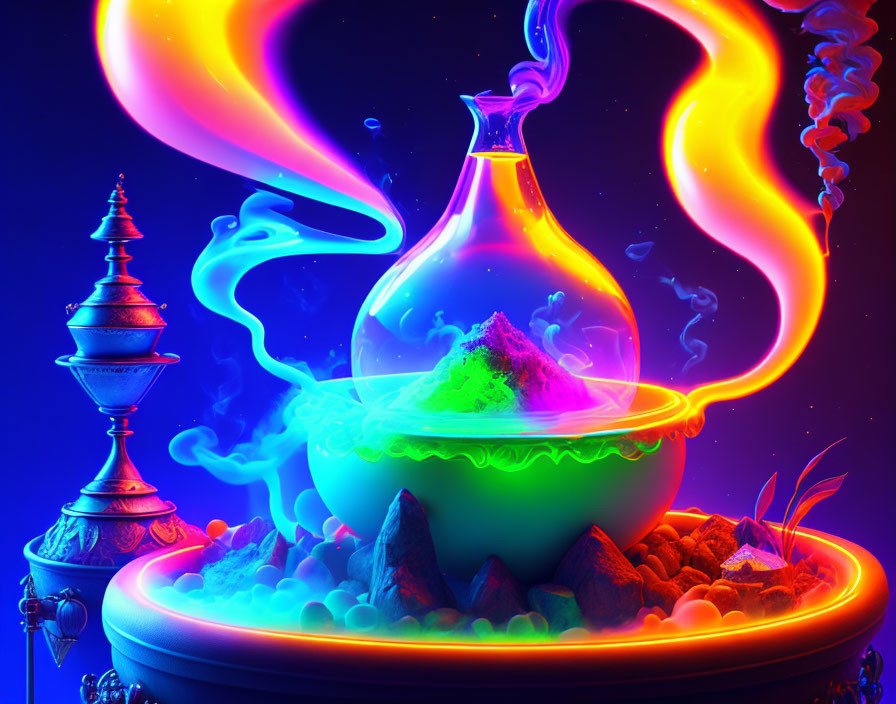 Neon-colored smoke swirls from magical potion flask on dark blue backdrop