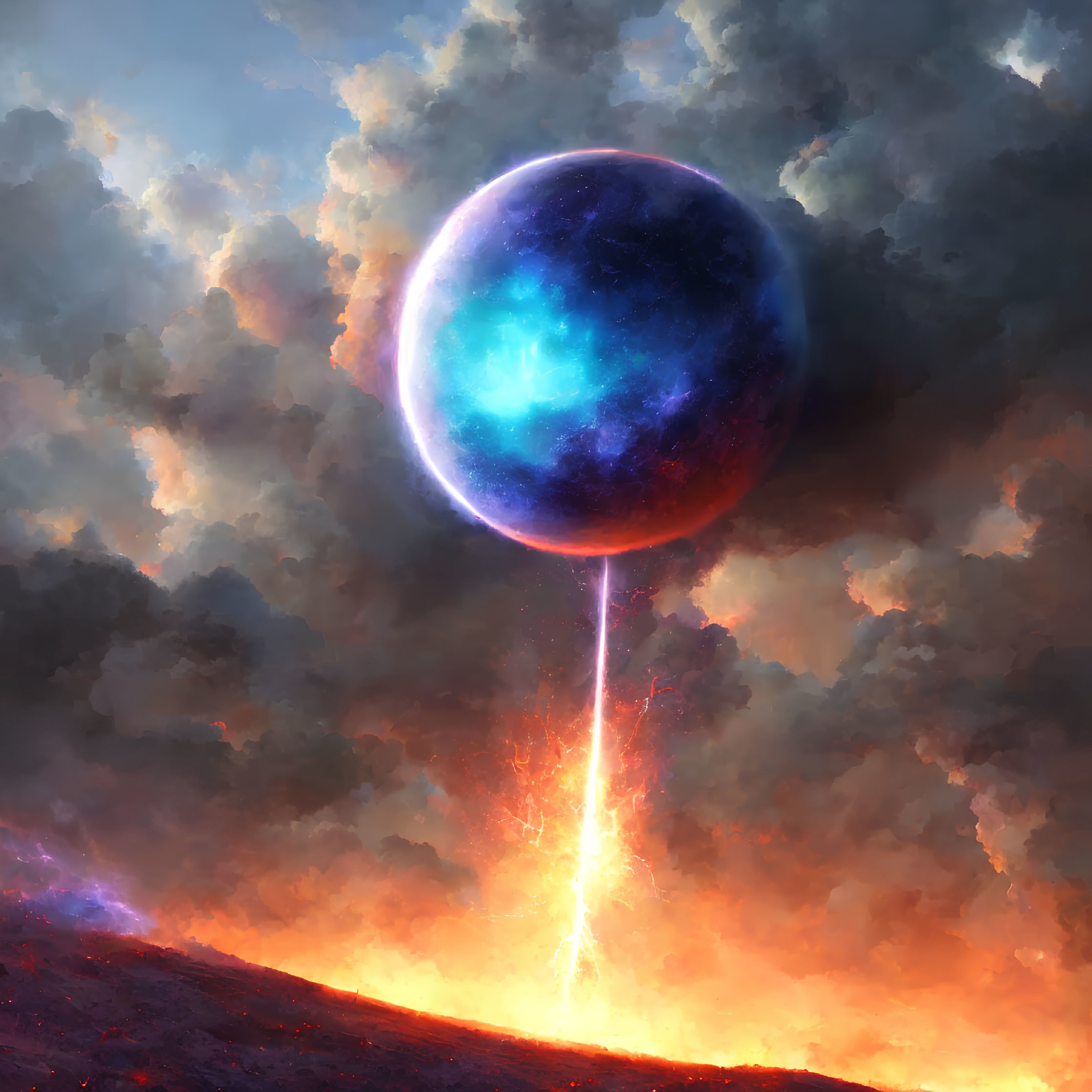 Digital artwork of celestial orb above volcanic landscape