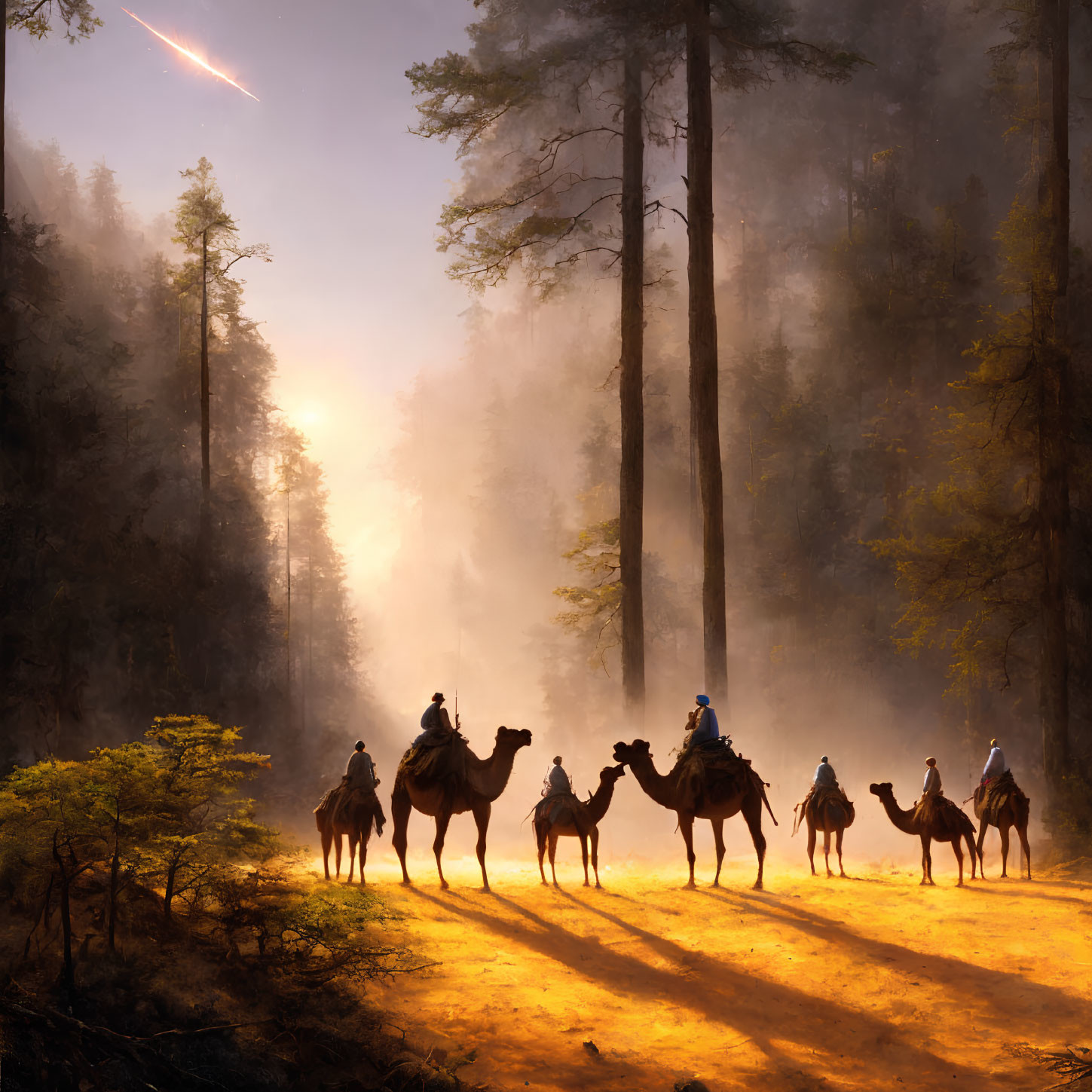 Forest sunrise with camel caravan and figures in misty light