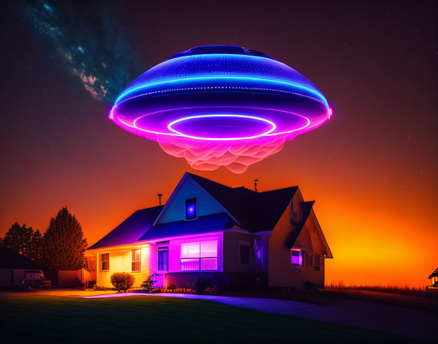 Luminous UFO hovering above house at twilight with stars and orange horizon