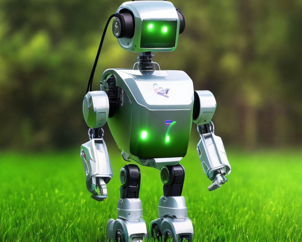 3D-rendered robot with green visor and number 7 on chest in grassy field with