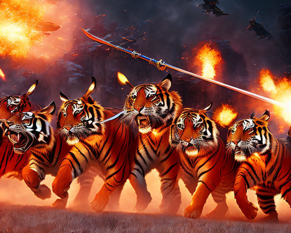 Four fierce tigers charging with a spear amid explosions and helicopters