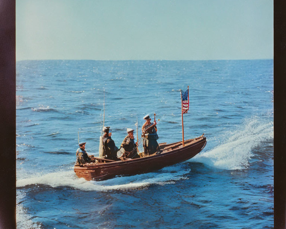 Vintage Photo: Five Military Personnel in Boat with American Flag on Blue Ocean