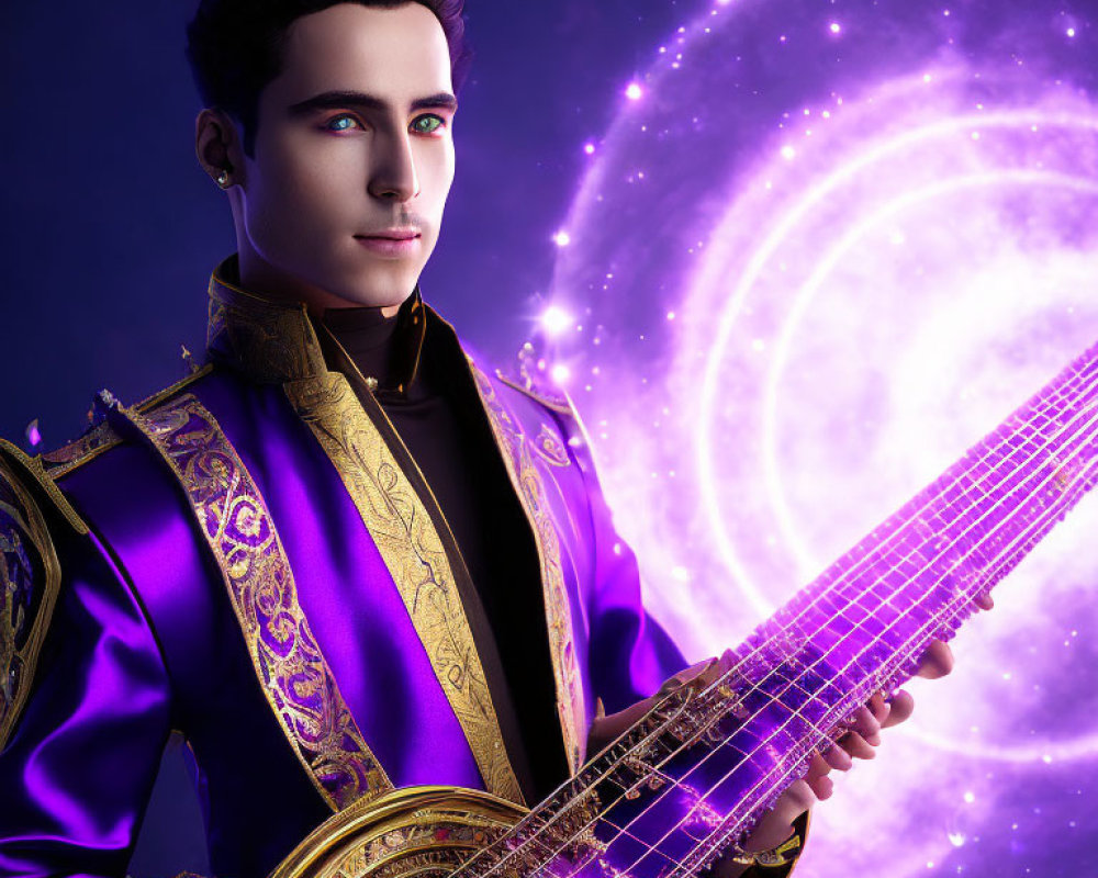Stylized male figure with futuristic guitar in cosmic swirl background