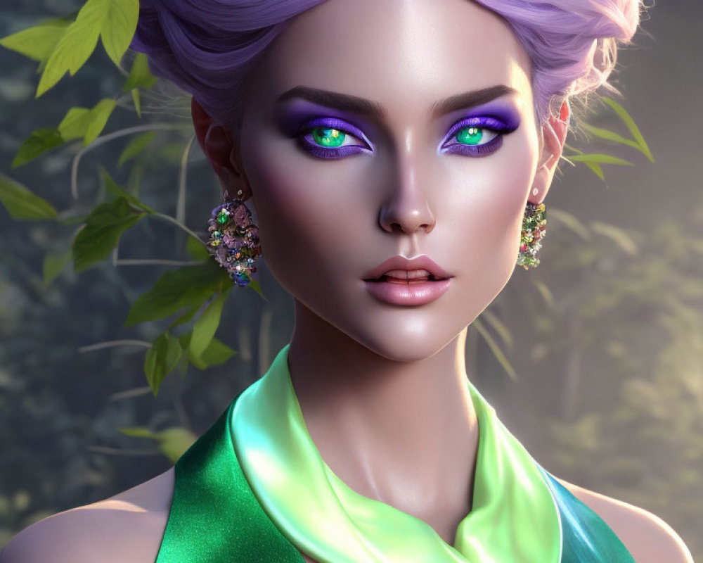 Woman with Purple Hair and Green Eyes in Digital Artwork