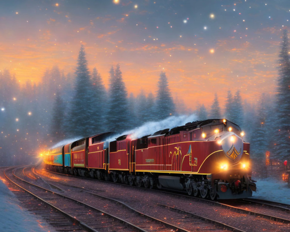Vintage train travels through snowy pine forest at dusk