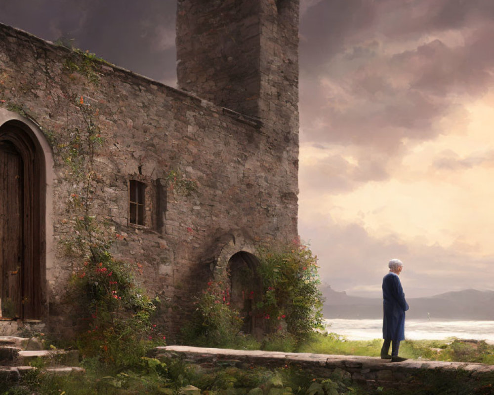 Elderly man by ancient stone building overlooking tranquil sea