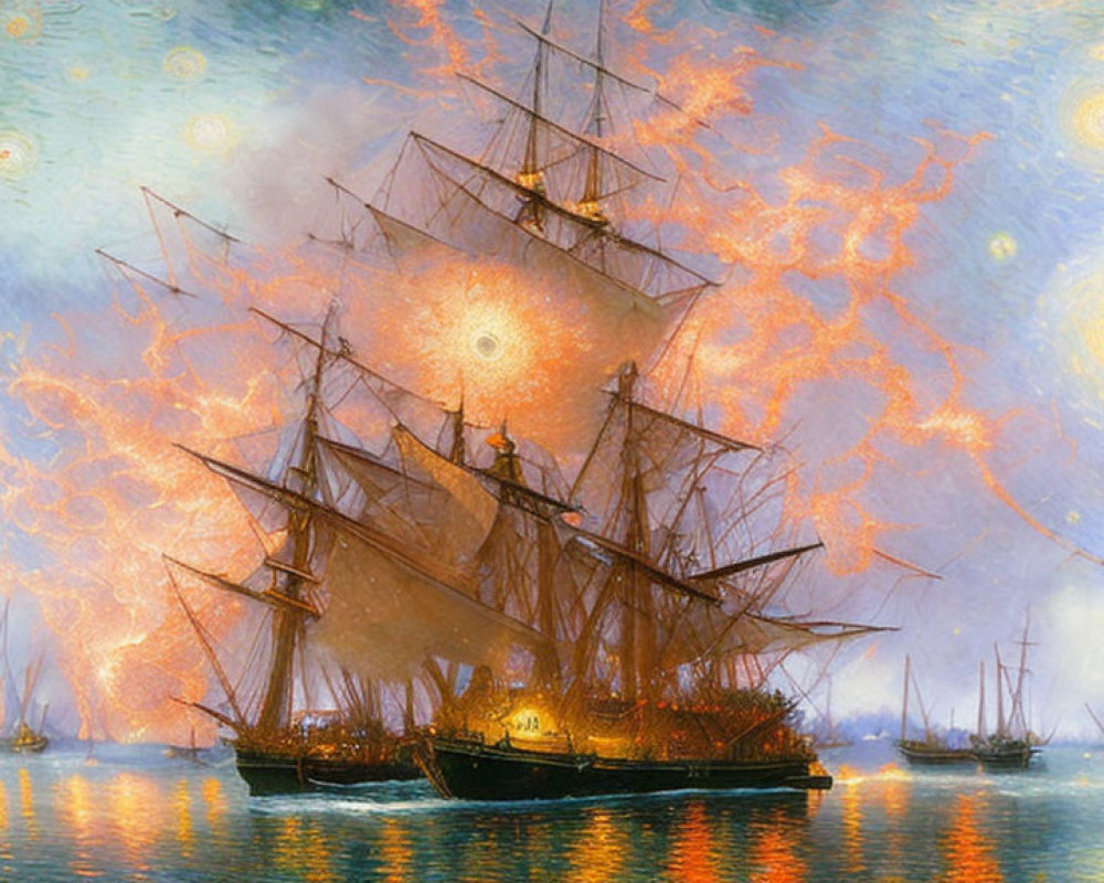 Tall ships under surreal starry sky in orange and blue mist