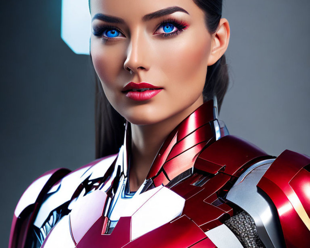 Woman in futuristic red and silver armor with striking blue eyes on cool-toned backdrop