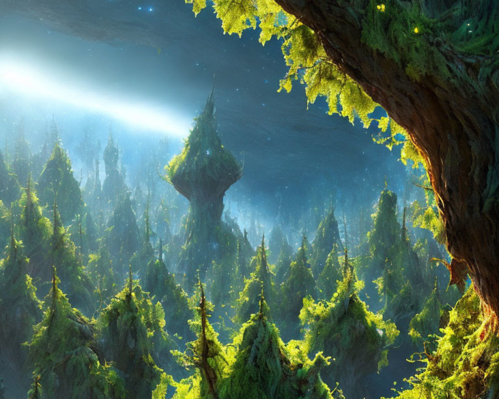 Enchanting forest scene with misty trees and floating island