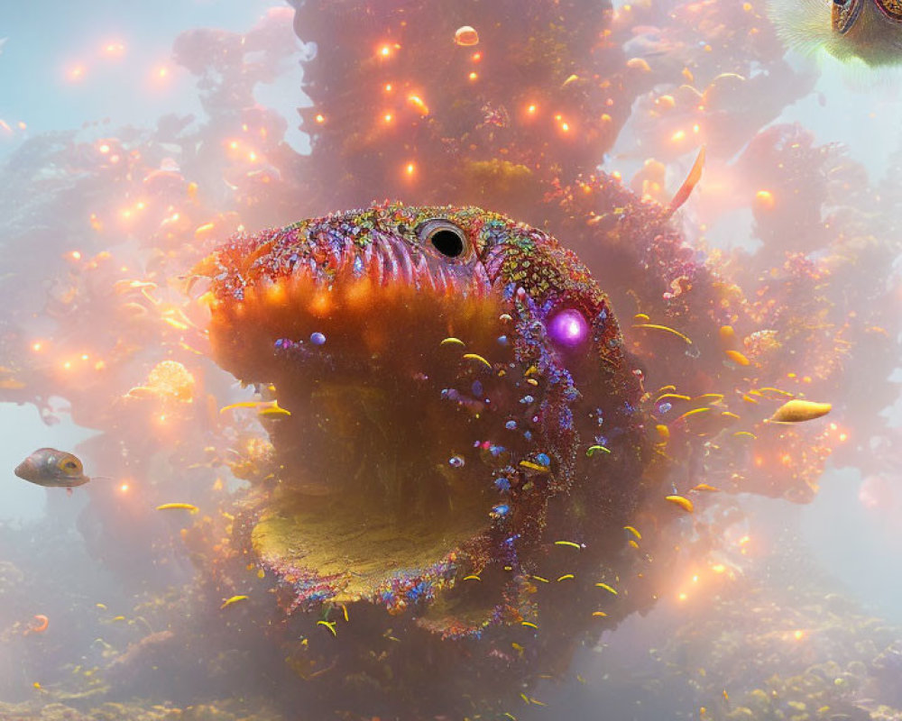 Colorful underwater scene: oversized moray eel, luminous fish, coral formations, glowing particles