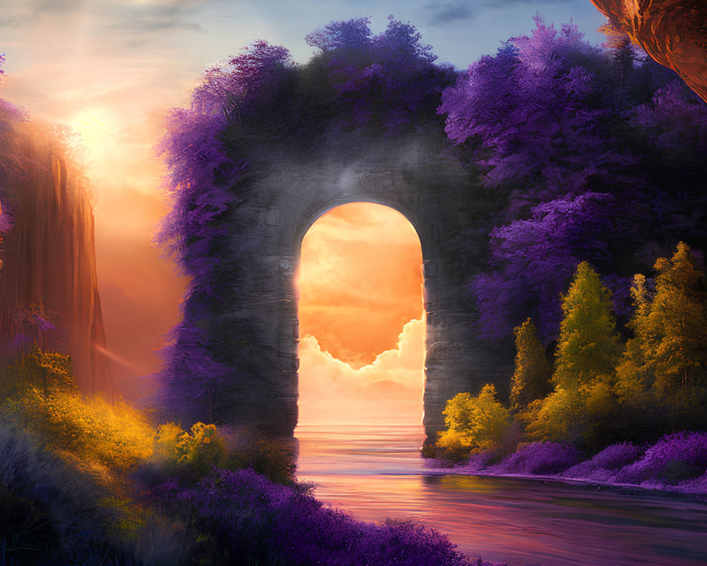 Fantasy landscape with stone archway and purple foliage at sunset