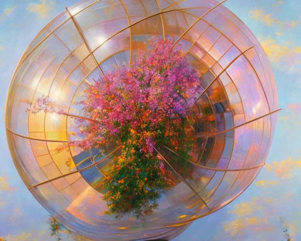 Pink Flowering Tree Enclosed in Metallic Sphere under Blue Sky