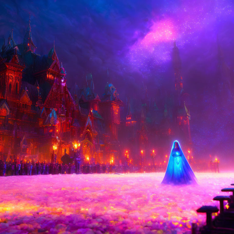 Cloaked figure gazes at glowing purple cosmic swirl over ornate fantasy city at dusk