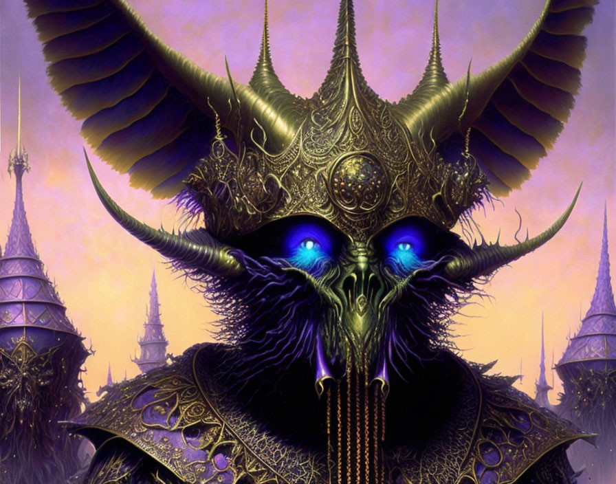 Fantasy illustration of creature in ornate armor with blue glowing eyes.