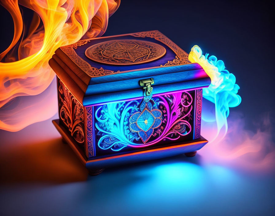 Intricately Carved Wooden Box with Pentagram and Flames on Dramatic Background