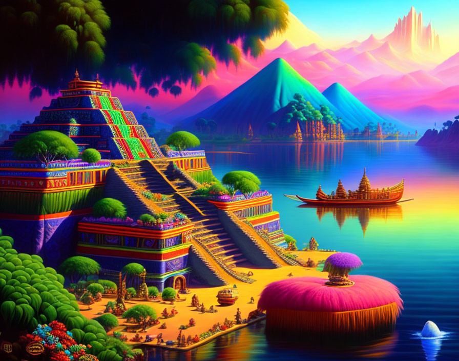 Colorful pyramids, lush greenery, boat, and mountains in fantasy landscape