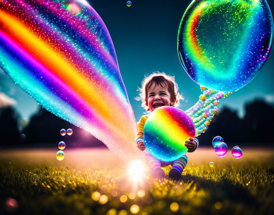 Child playing with iridescent bubbles on grassy field under sunny sky