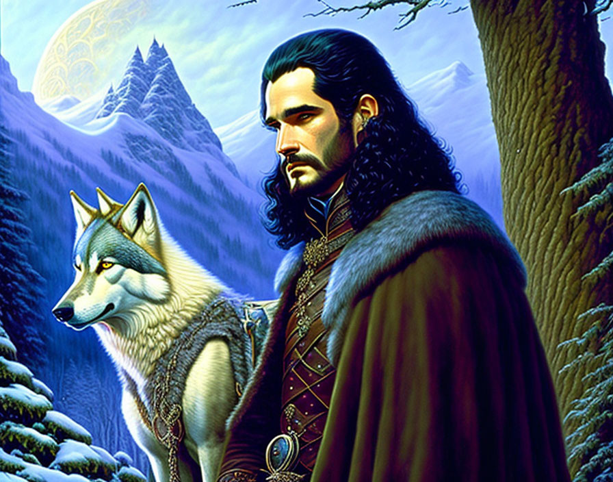 Illustrated man with wolf in fantasy winter landscape